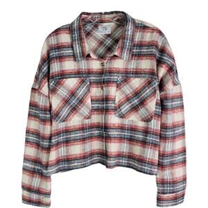 NWT Mila & Tiff cream blue orange flannel cropped button front shirt large
